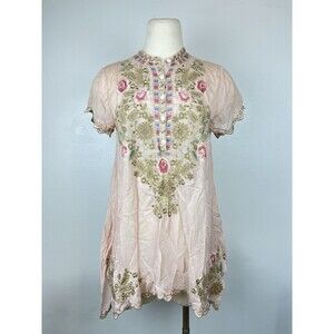 Johnny Was Talum Allover Embroidered Short Sleeve Tunic Boho Small Pink *flaw